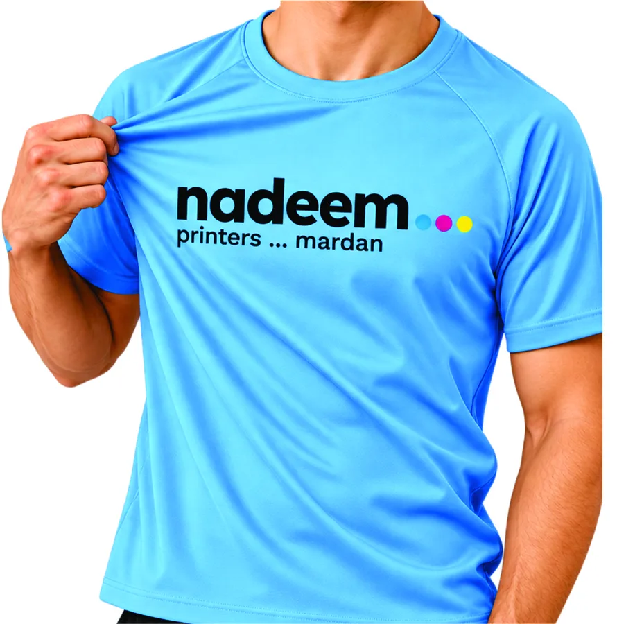 Blue t-shirt printed with the Nadeem Printers logo, worn by a model